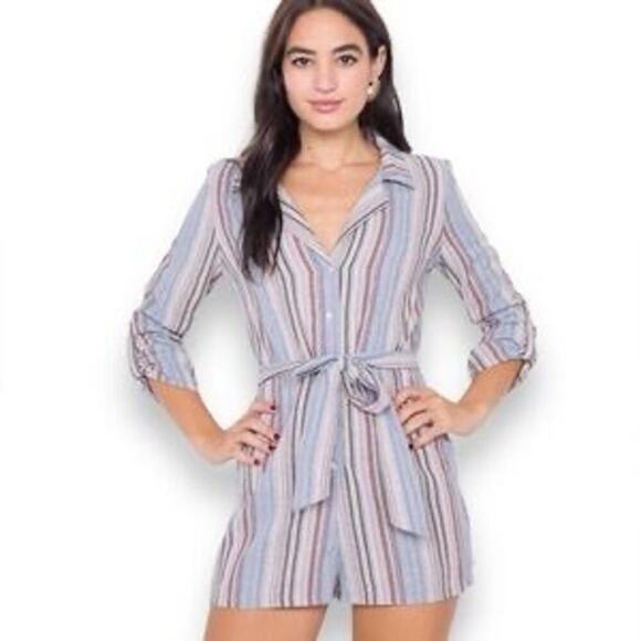 Mustard Seed striped romper M Cottagecore Light Academia Soft Modern Linen - Picture 1 of 7